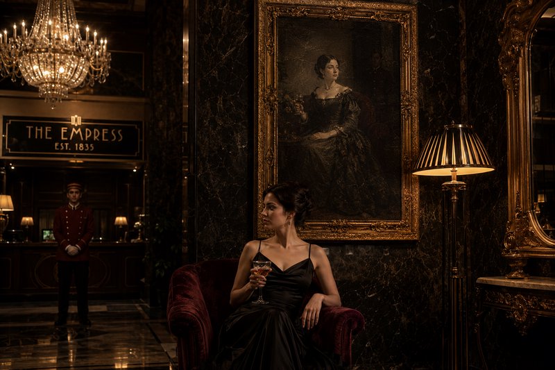 Woman in a black evening dress sits on a velvet chair in a luxurious lobby with a large ornate po...