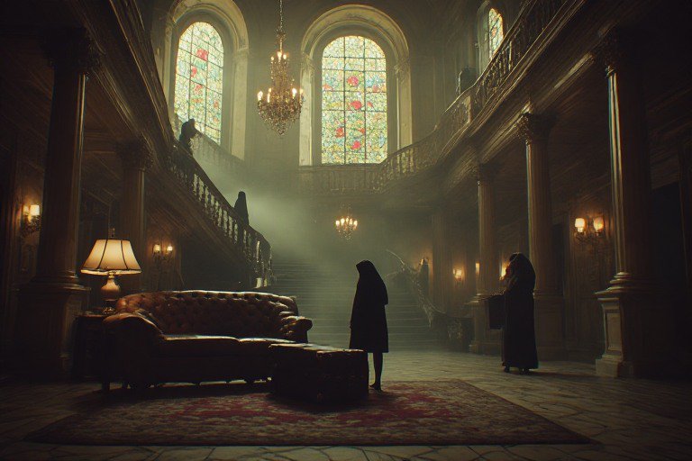 Dimly lit grand foyer with stained-glass windows, chandeliers, a curved staircase, and cloaked fi...