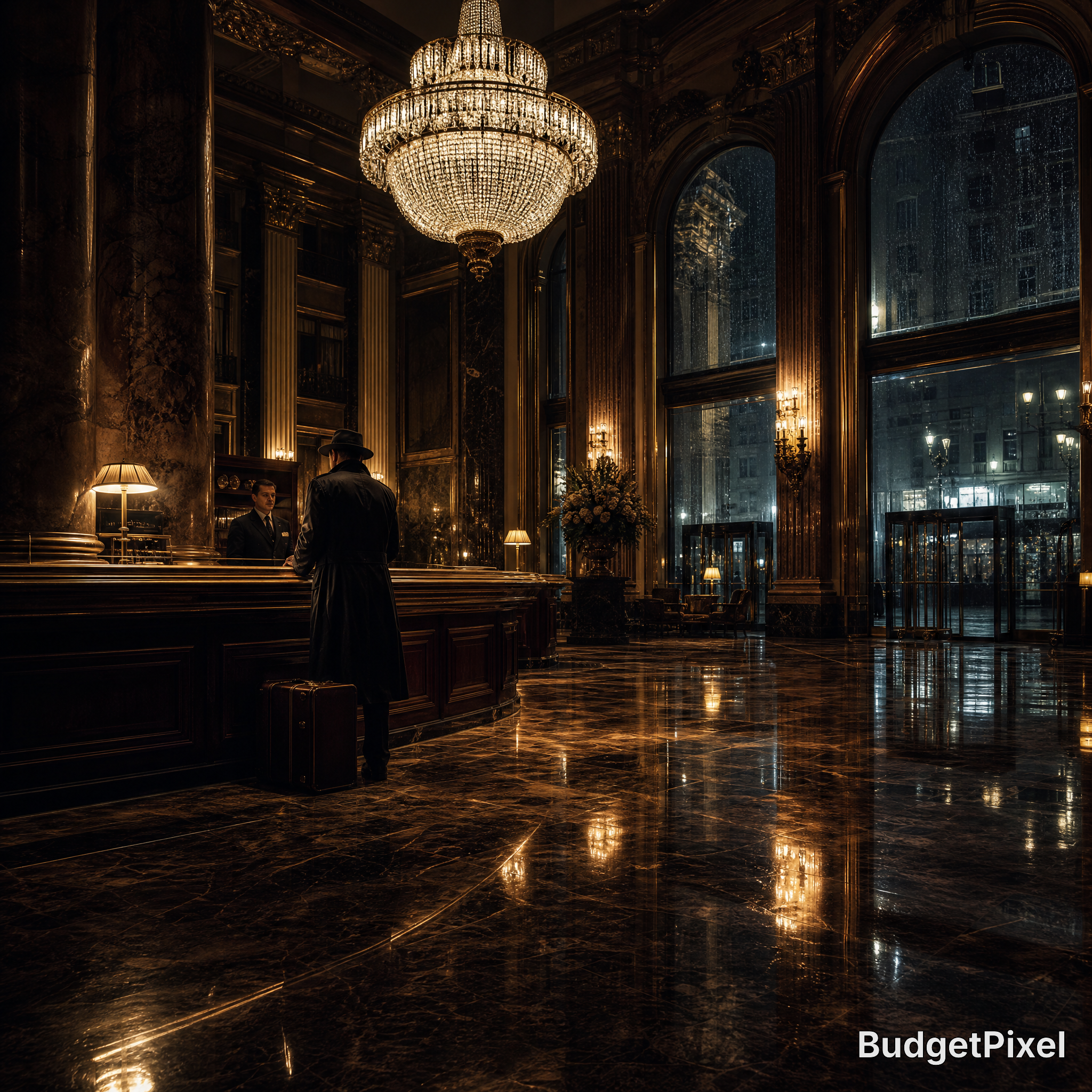 Luxurious hotel lobby at night with grand chandelier, marble floors, and a man in a trench coat at the reception.