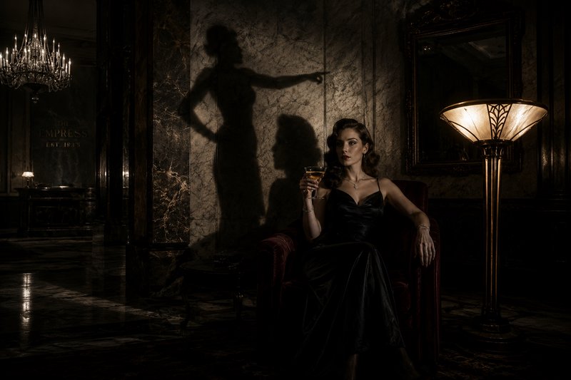 Woman in a black evening gown sits in a luxurious dim lounge, champagne in hand, as dramatic shad...