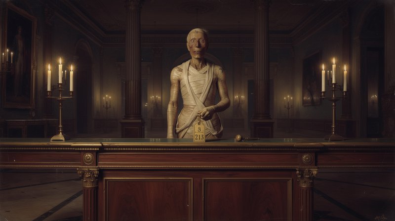 A waxy mummy-like statue behind a wooden counter in a dim, candlelit museum hall.