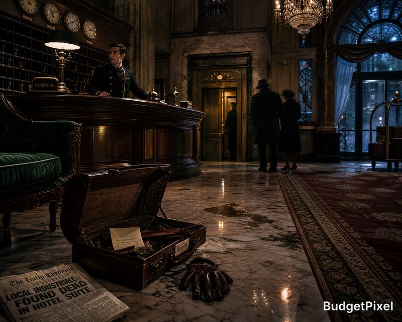 Vintage hotel lobby scene with a reception desk, open suitcase, gloves, and a fallen newspaper on...