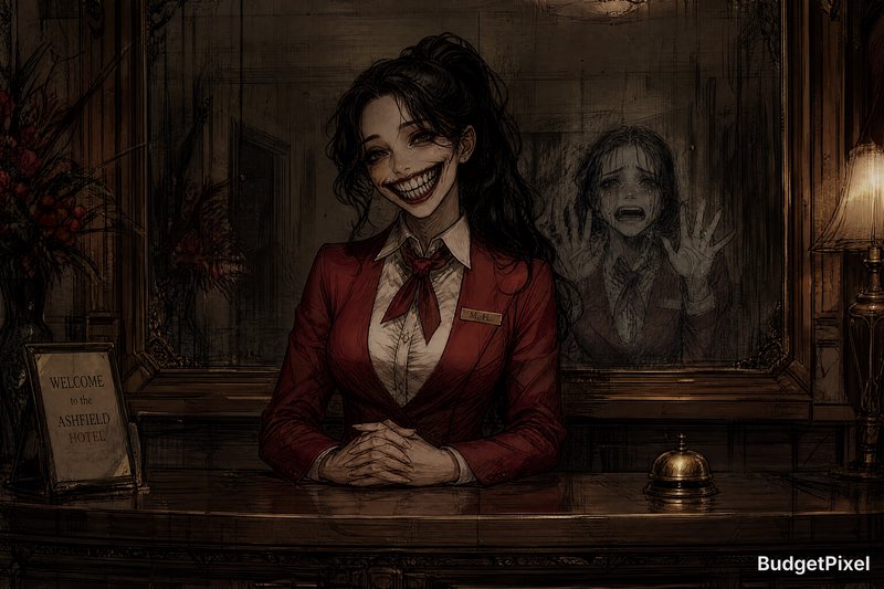 Creepy hotel receptionist in a red uniform with an eerie grin at the desk; a ghostly reflection h...