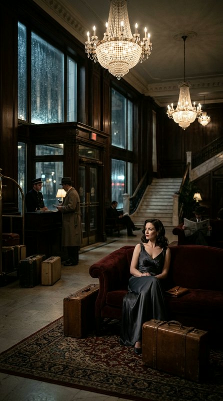 Woman in an elegant black gown sits on a burgundy sofa in a vintage hotel lobby with chandeliers ...
