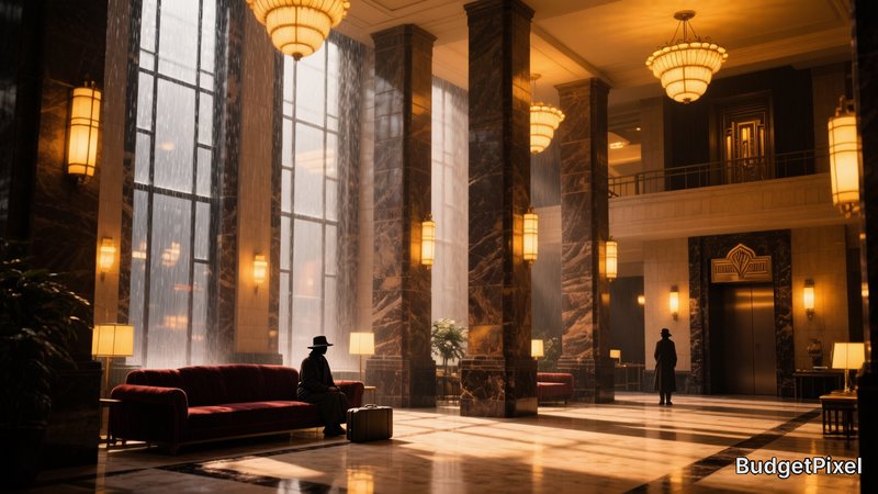 Interior hotel lobby with marble pillars, warm chandeliers, red velvet sofas, and a traveler in a...