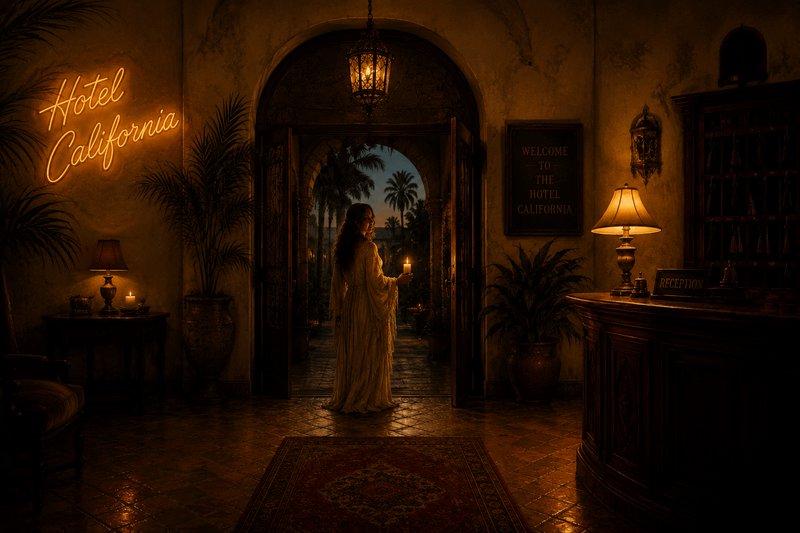 Woman in vintage dress holds a candle in a moody hotel lobby with neon "Hotel California" sign.