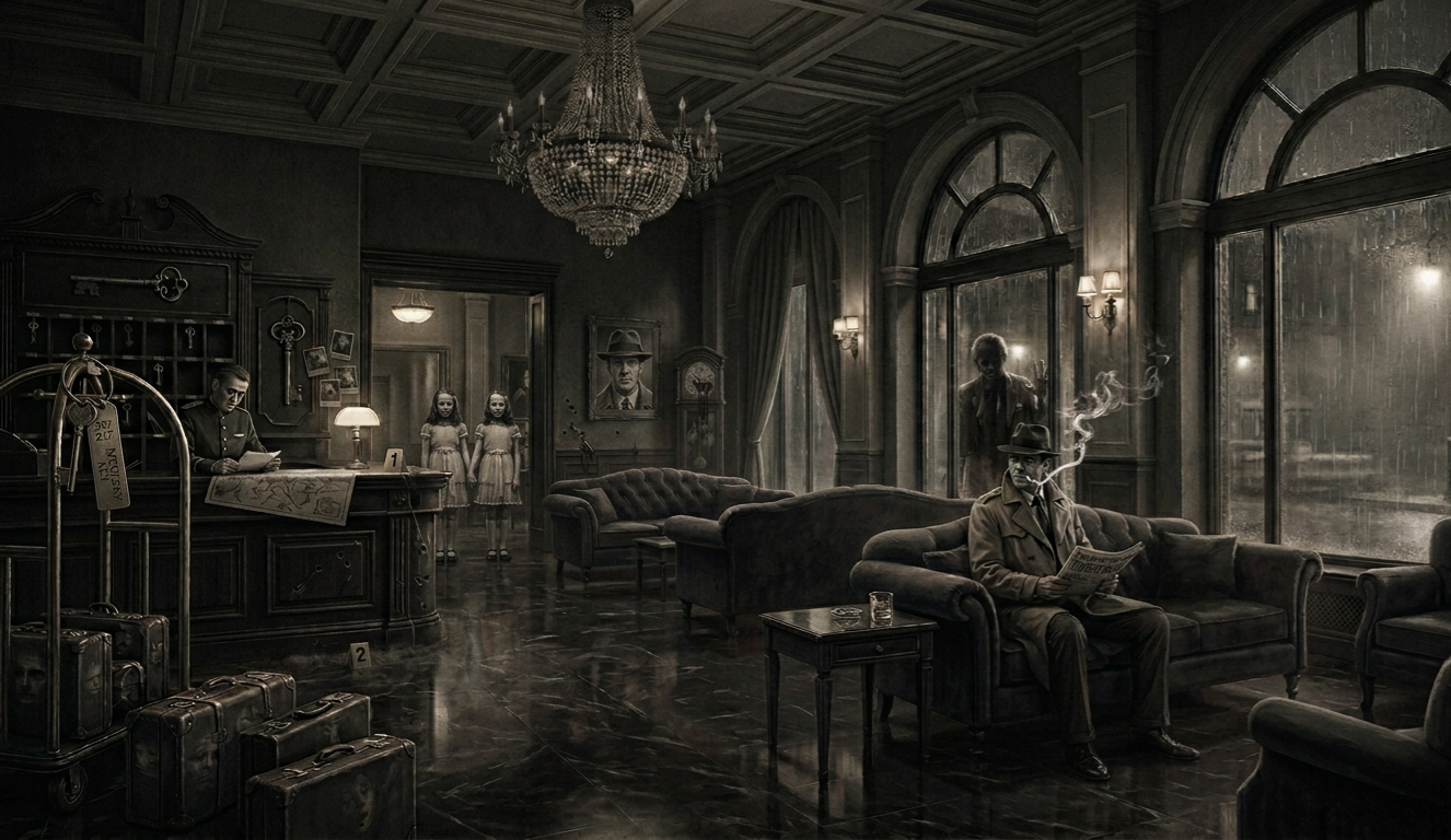 Vintage-style hotel lobby at night with a man smoking on a sofa and chandelier overhead.