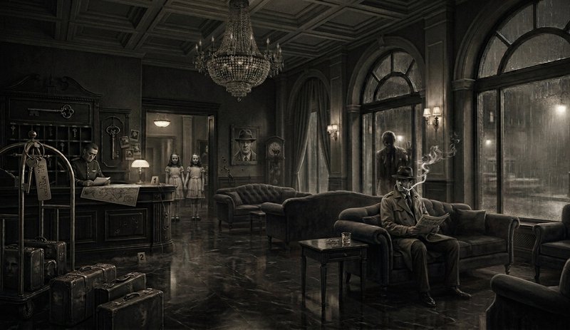 Vintage-style hotel lobby at night with a man smoking on a sofa and chandelier overhead.