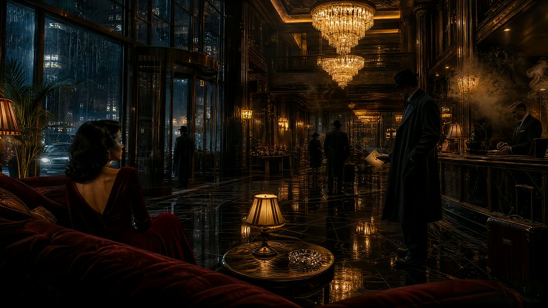 Luxurious hotel lobby lounge with chandeliers, velvet red seating, and well-dressed guests in a m...