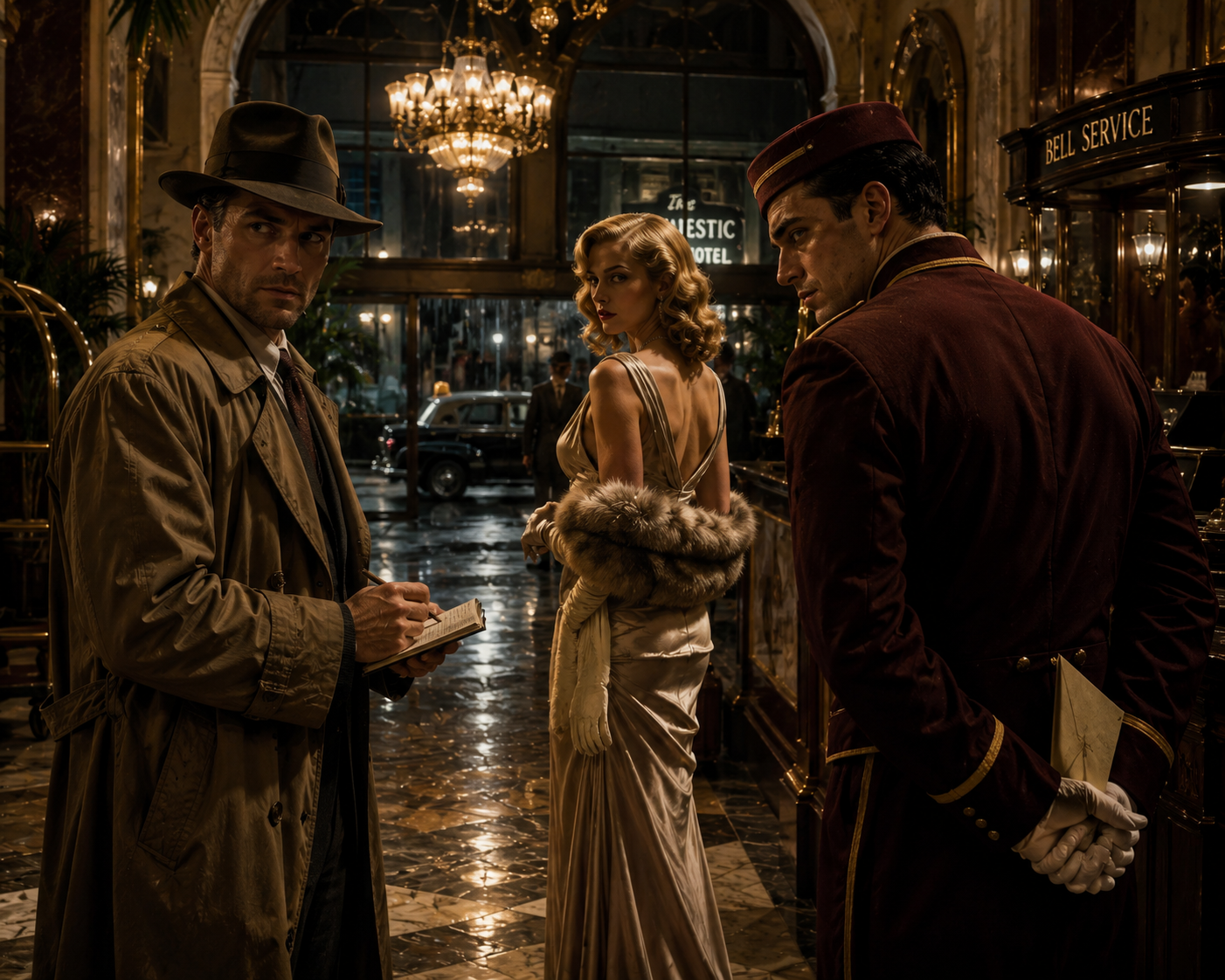 Noir hotel lobby with a trenchcoated man, a glamorous satin gown woman, and a bellboy in uniform.