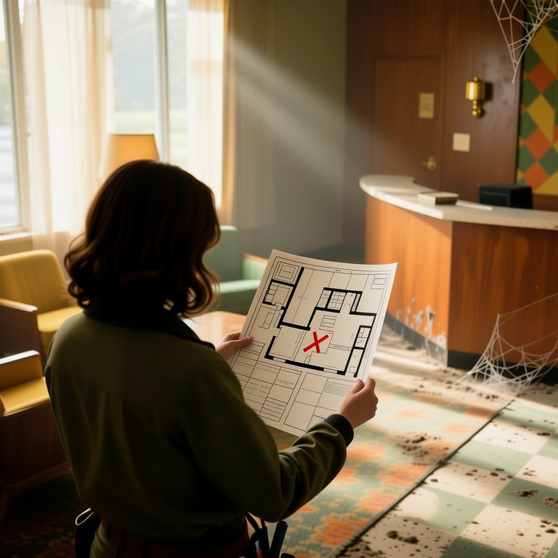 Person holding a floor plan with a red X in a dim, spooky hotel lobby.