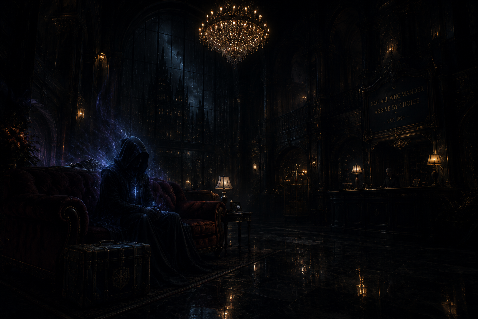 Hooded figure in blue electric aura sits on a vintage sofa in a dark, chandelier-lit gothic lobby.