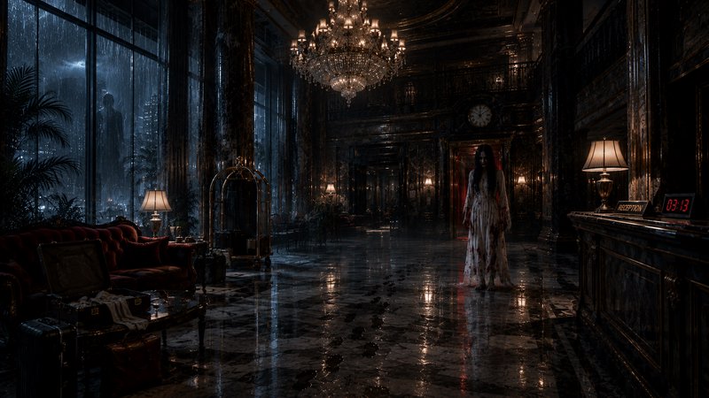 Dark luxurious hotel lobby with chandelier, wet floor reflections, and a pale ghostly figure in a...