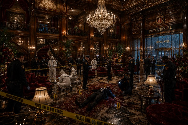 Luxurious hotel lobby crime scene with investigators and police tape across a marble floor
