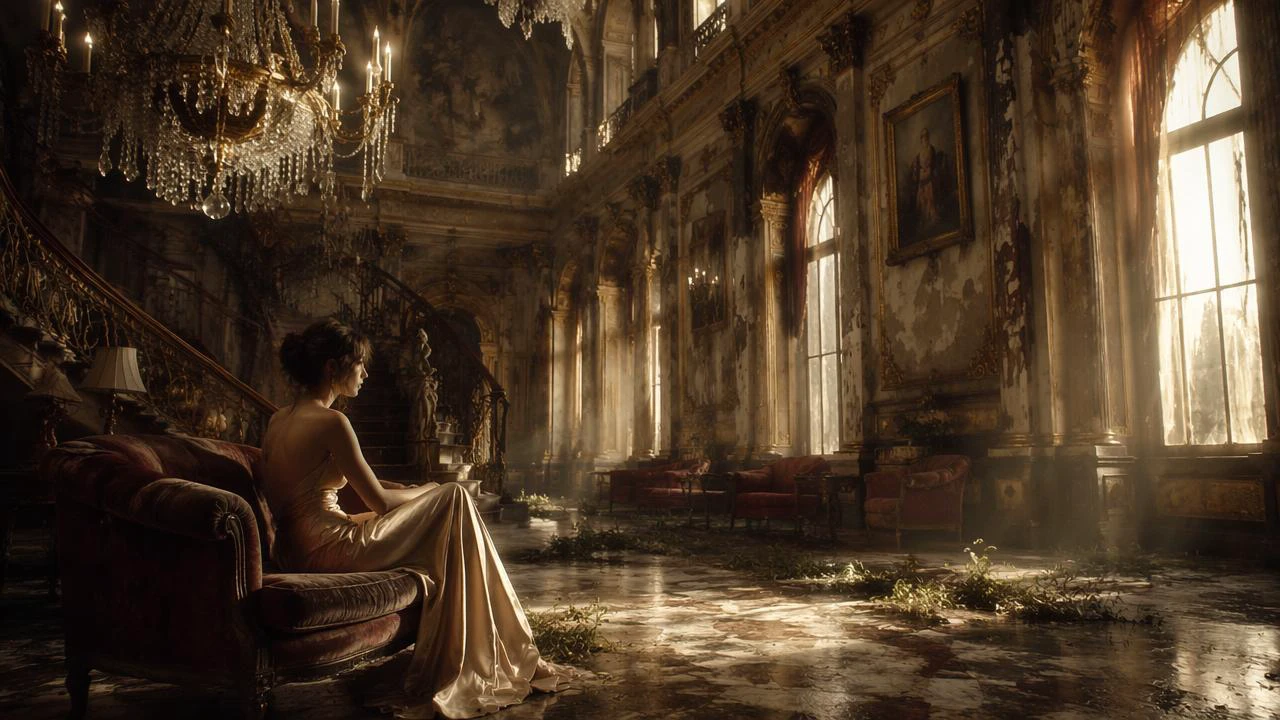 Elegant woman in a cream gown sits on a vintage sofa in a decaying grand ballroom bathed in sunlight.