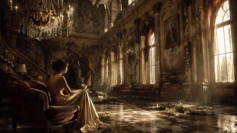 Elegant woman in a cream gown sits on a vintage sofa in a decaying grand ballroom bathed in sunlight.