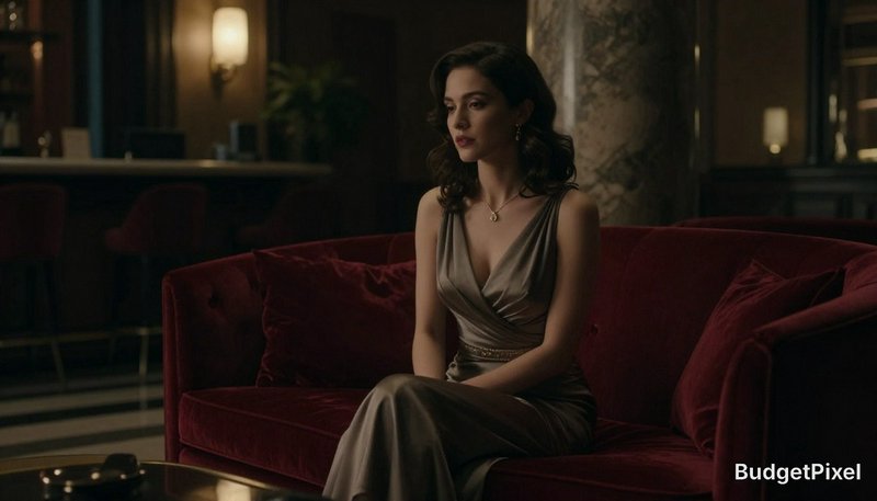 Woman in a satin evening gown seated on a red velvet sofa in a dim upscale bar or hotel lobby.