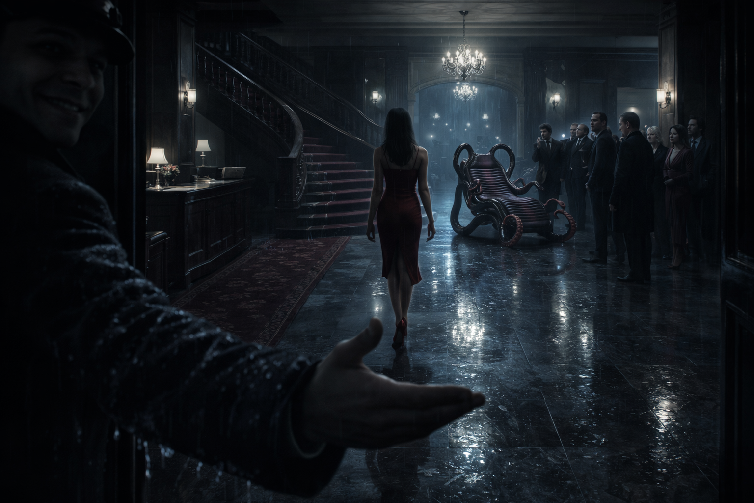 Woman in a red dress walks down a dark grand hallway toward a tentacled throne as suited onlookers observe.