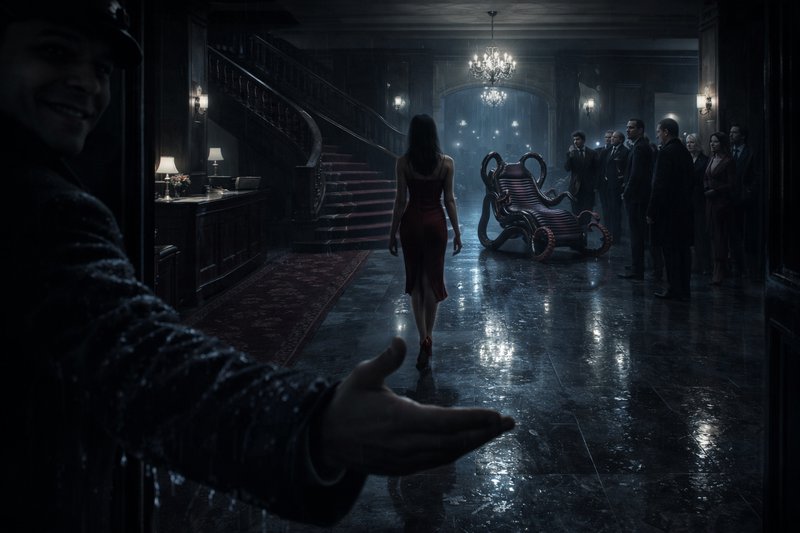 Woman in a red dress walks down a dark grand hallway toward a tentacled throne as suited onlooker...