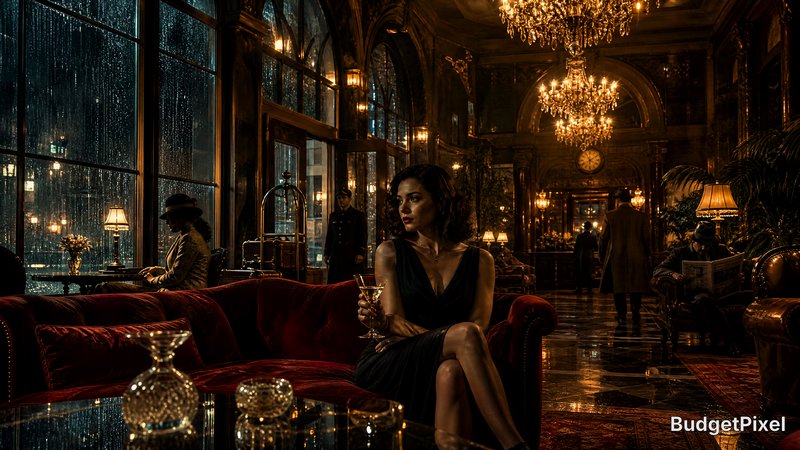 Woman in black cocktail dress sits on a red velvet couch in a dim, chandelier-lit luxury lounge.