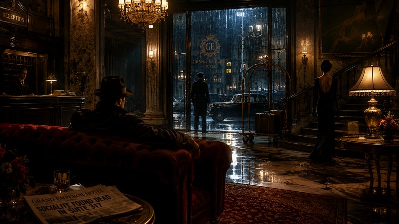 Moody 1920s hotel lobby scene with a man lounging on a red velvet sofa, rain-soaked street outside.