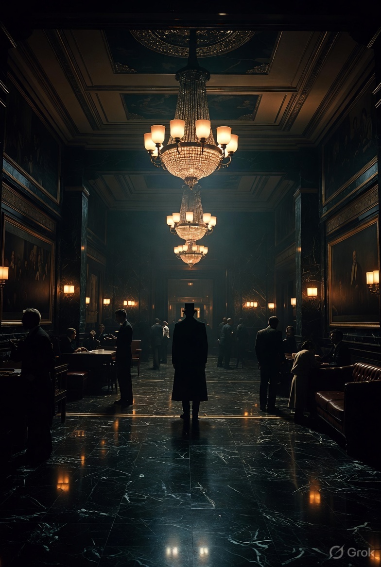 Dimly lit luxury hall with grand chandeliers and silhouettes of people mingling.