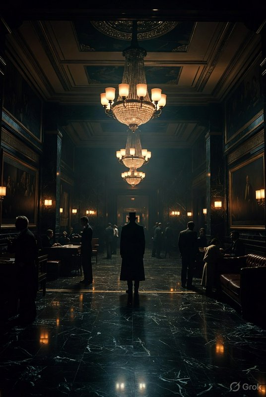 Dimly lit luxury hall with grand chandeliers and silhouettes of people mingling.
