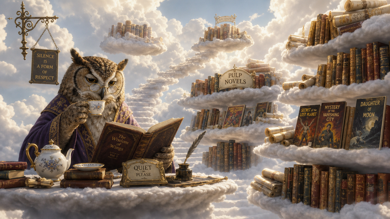 Whimsical owl librarian reading a book in a cloud-filled, floating library of vintage novels.