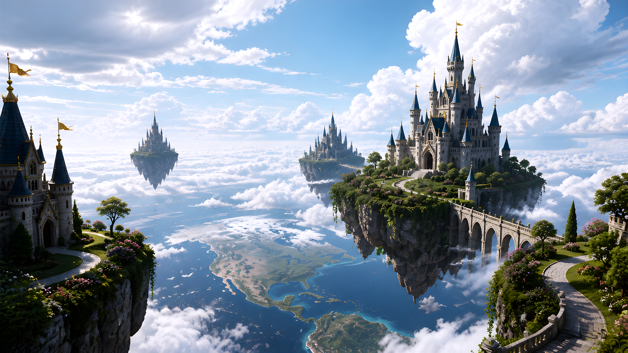 Floating castle on a cliff island connected by bridges above the clouds in a magical fantasy landscape.