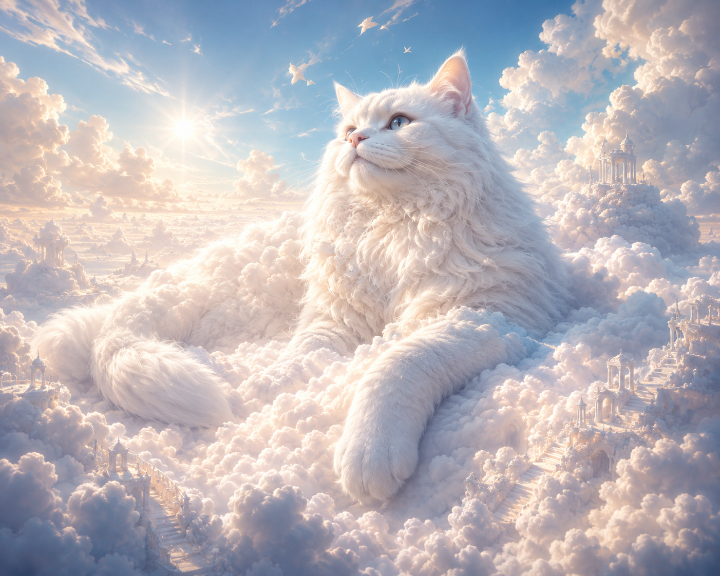 A colossal fluffy white cat lounging among sunlit clouds with ancient pillars in the sky
