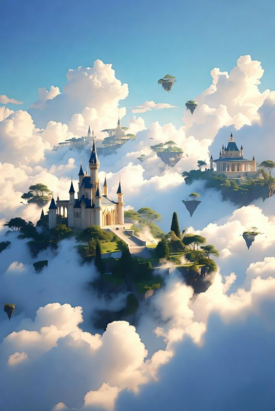 Floating fantasy castle on a cloud island with other towers in the sky