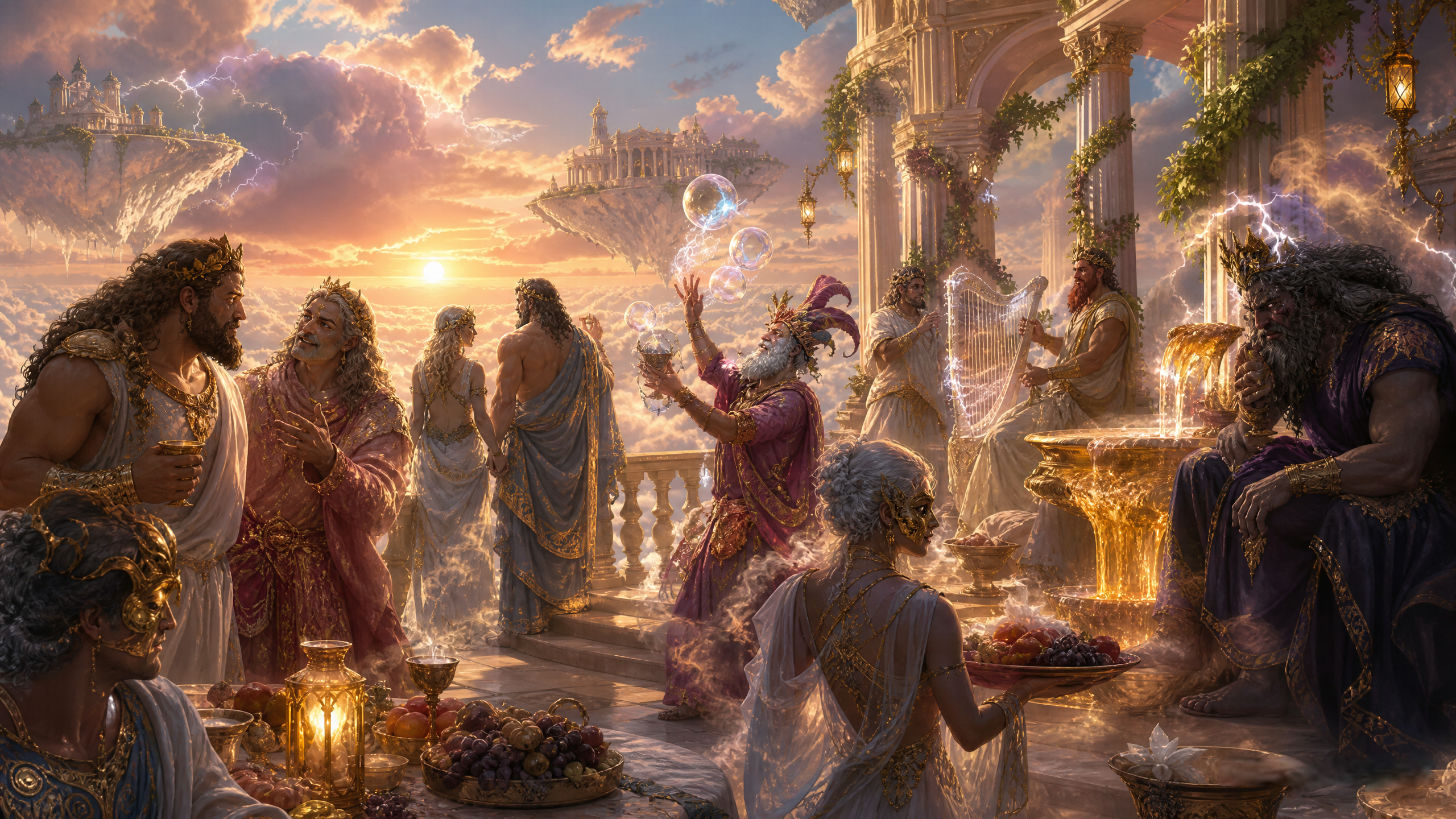 Celestial banquet of ancient gods seated on a cloud terrace with golden light and floating islands.