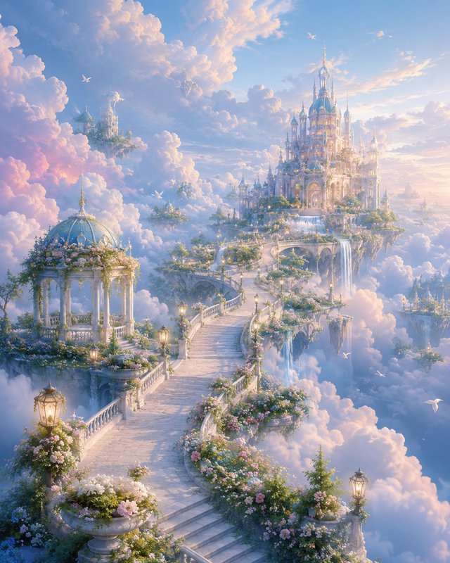 Dreamy floating castle above pastel clouds with bridges and lanterns