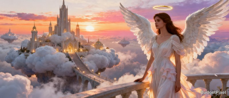 Angelic woman with white gown and wings on a cloud bridge toward a glowing castle at sunset