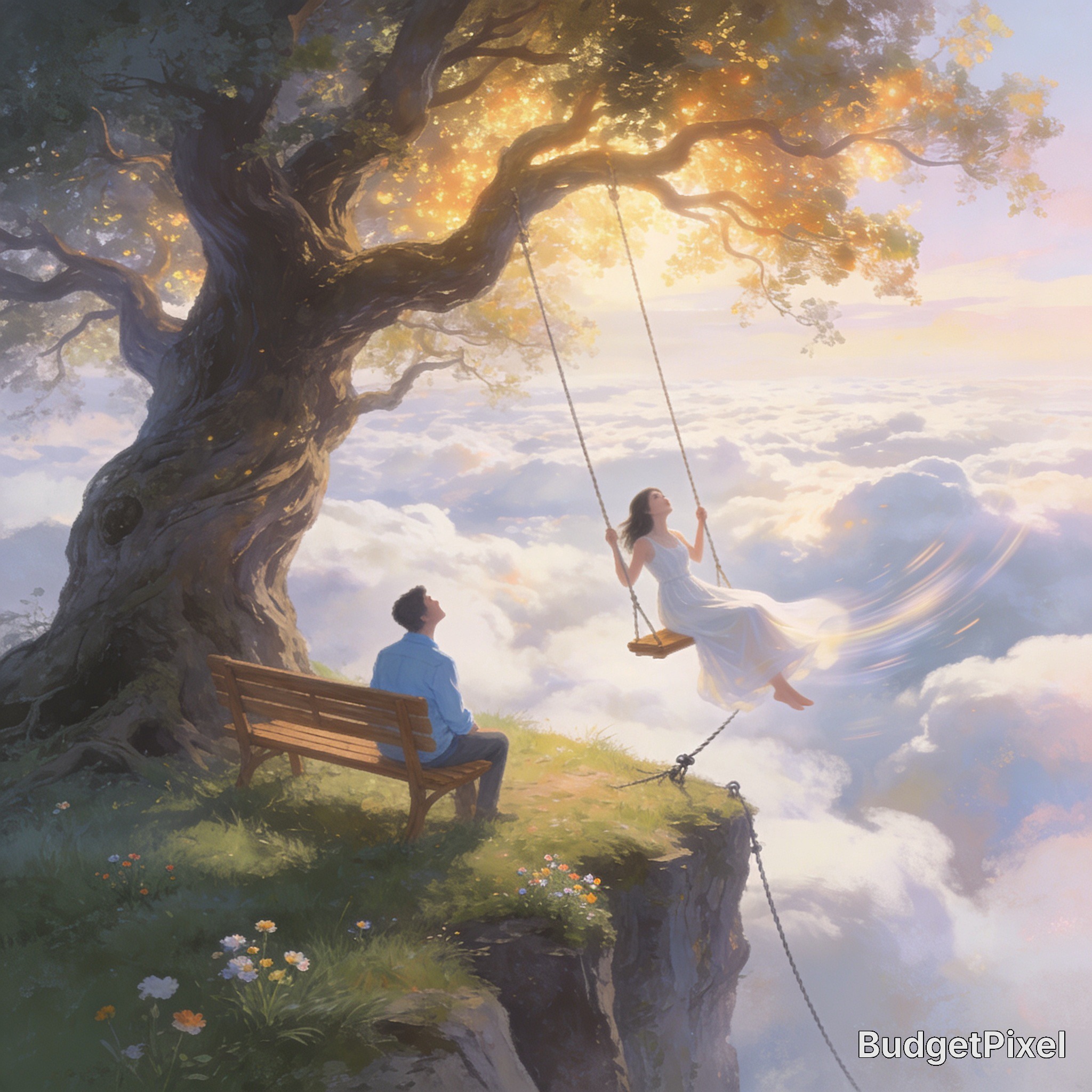 Romantic couple on a cliffside swing under a giant tree above the clouds at sunset