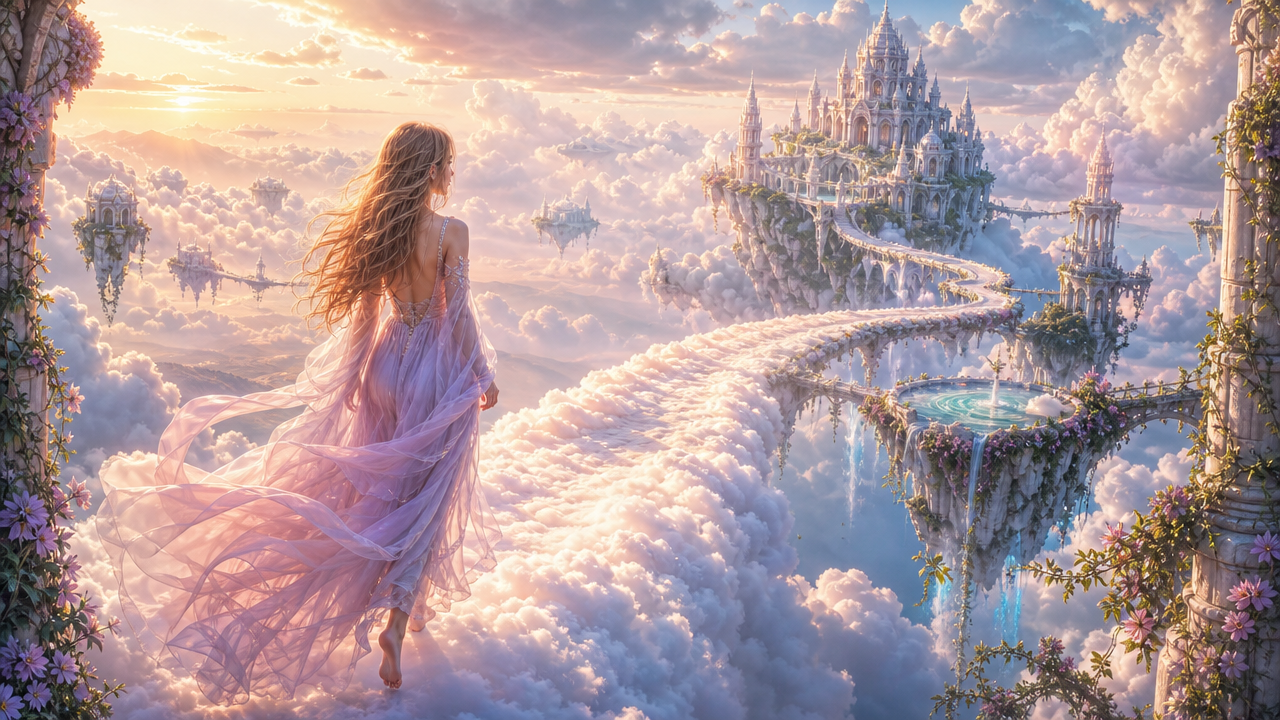 Woman in a flowing pink gown walks along a cloud path toward a floating castle in a dreamy sunset sky.