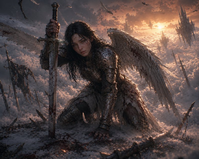 Dark armored winged warrior kneels in a smoky, ash-filled battlefield, gripping a long sword.