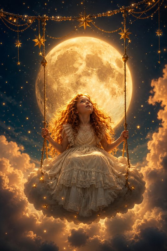 Girl in a white lace dress on a swing with a giant glowing moon and starry night backdrop.