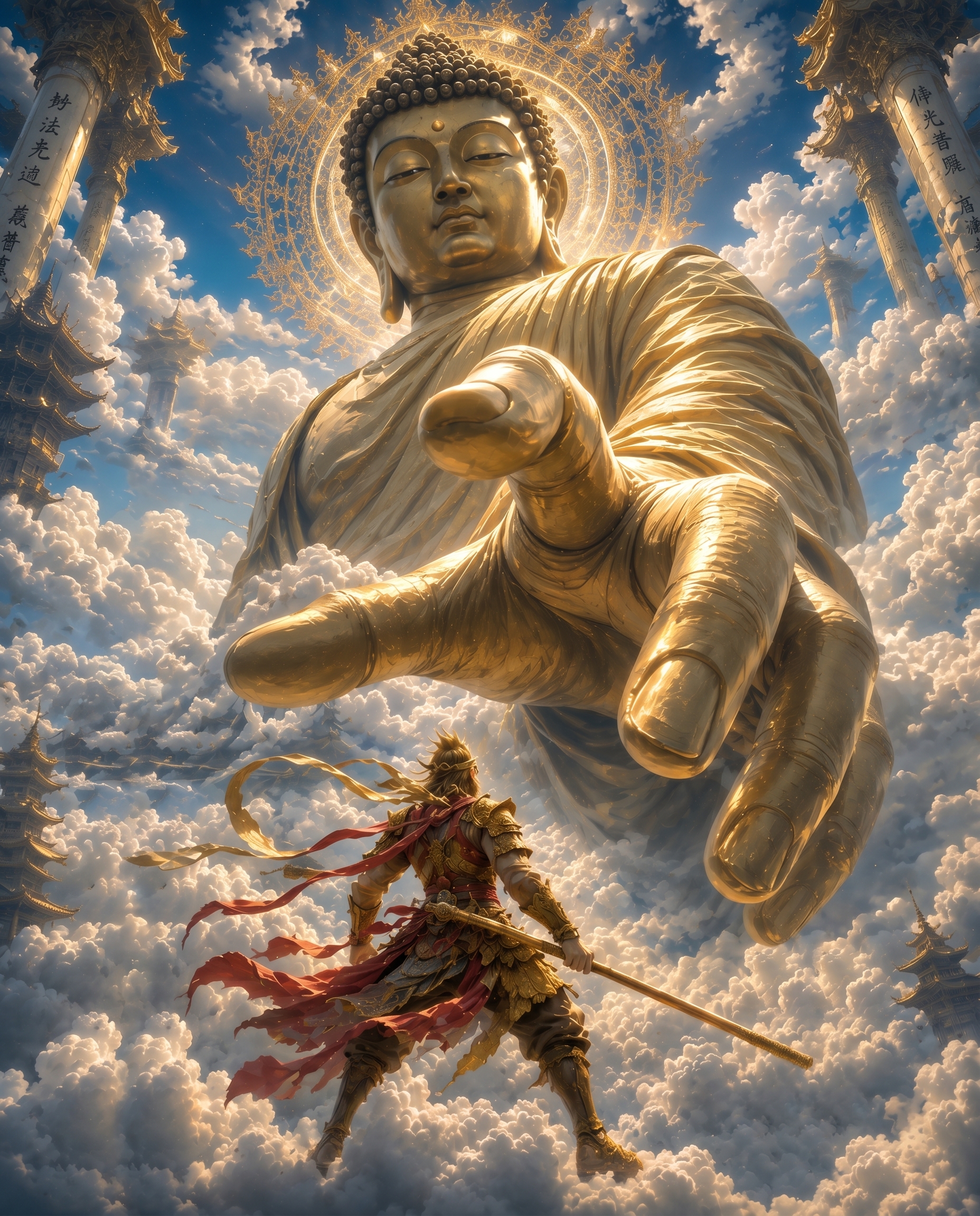 Giant golden Buddha statue reaching down to an armored warrior in a cloudy sky