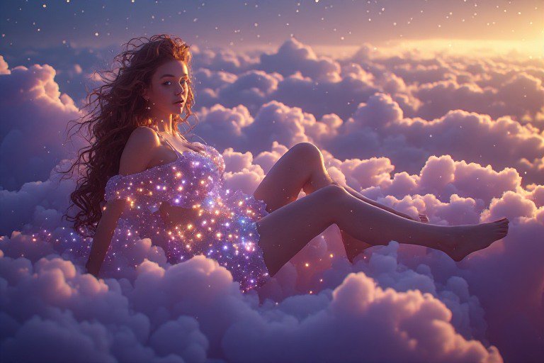 Woman lounging on fluffy clouds at sunset with twinkling sparkles around her.