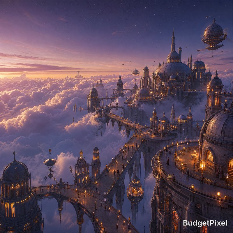 A fantastical city floating among clouds with golden domes, bridges, and airships at sunset.
