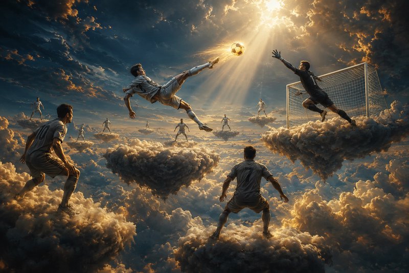 Soccer players on floating clouds with a dramatic save by the goalkeeper under a sunlit sky.
