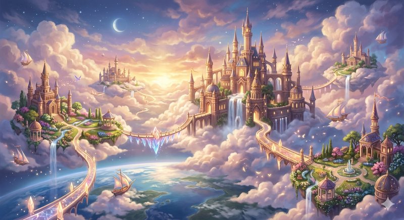 Fantasy floating castles connected by illuminated bridges above clouds at sunset