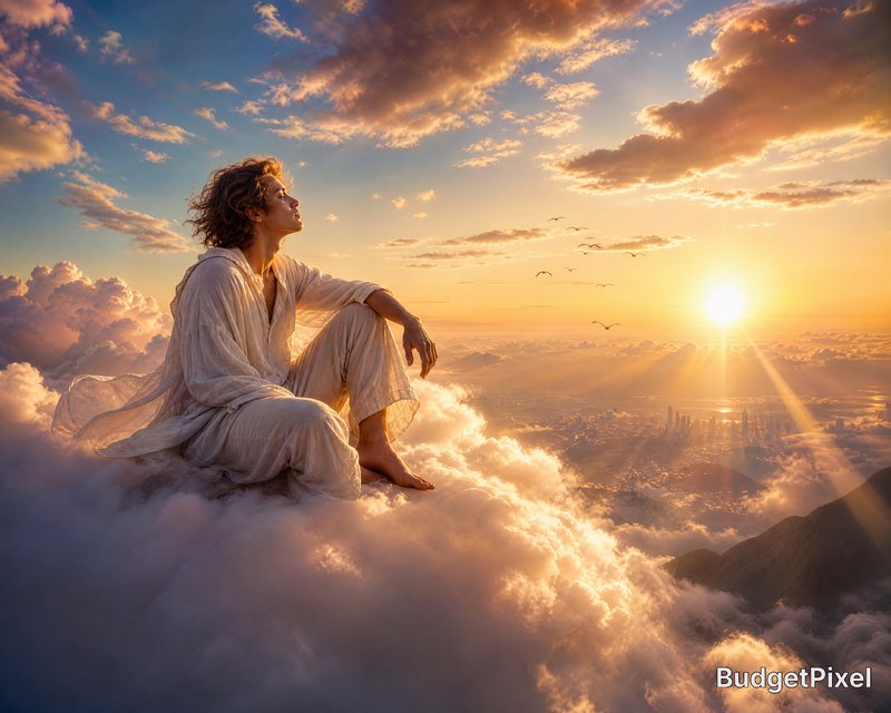 Person in flowing white robes sits on clouds above a sunset sky.