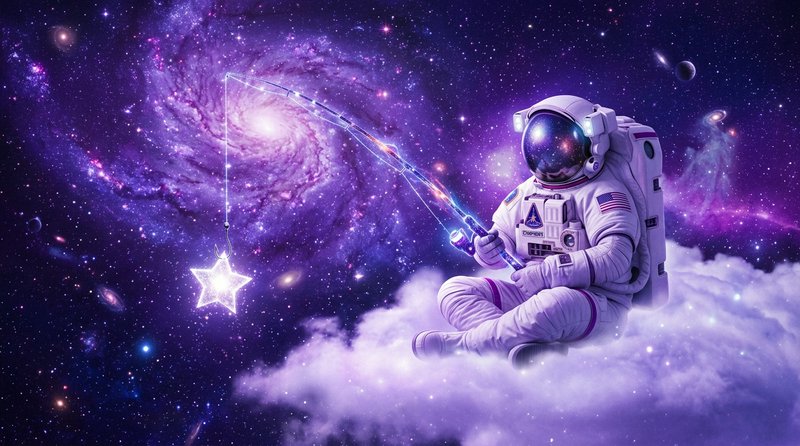 Astronaut fishing in space against a purple nebula, casting toward a glowing star.