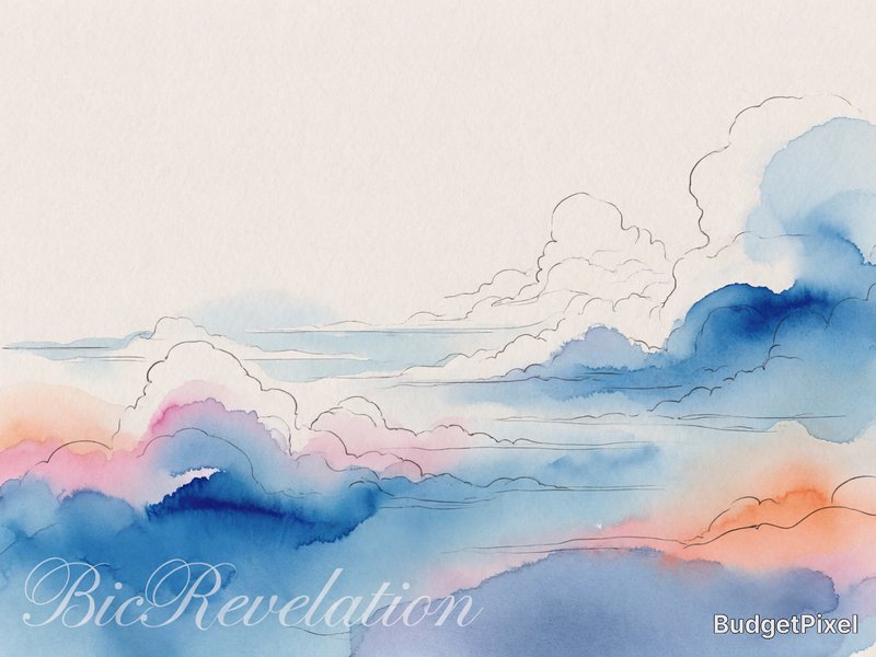 Watercolor sky with soft pink, blue, and orange clouds and delicate linework