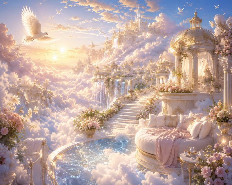 Dreamlike heavenly terrace above the clouds with ornate white arches, pink flowers, and a sunlit ...