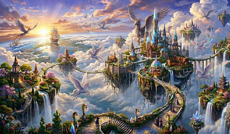 Fantasy floating islands with bridges, castles, and soaring birds above the clouds at sunset.
