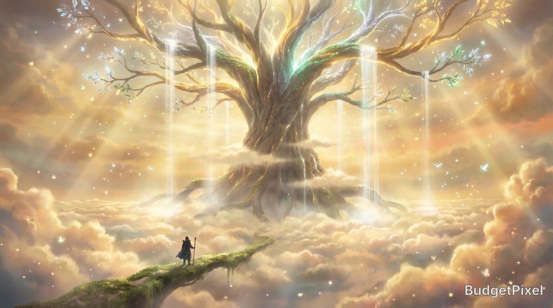 A colossal luminous tree on a cloud island with a lone traveler on a grassy path.