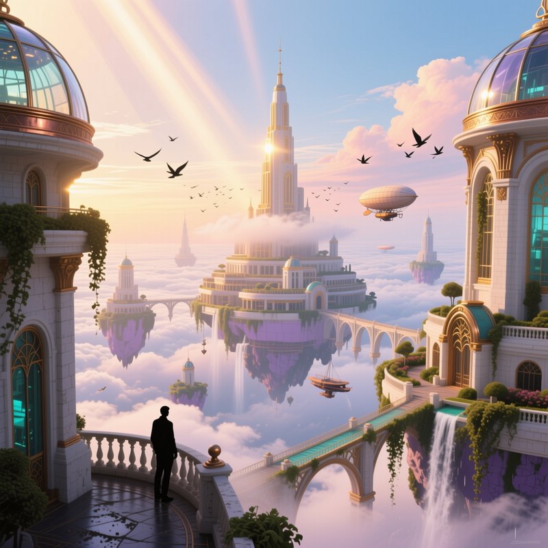 silhouette of a person on a balcony overlooking a sky city with floating islands and domed glass ...